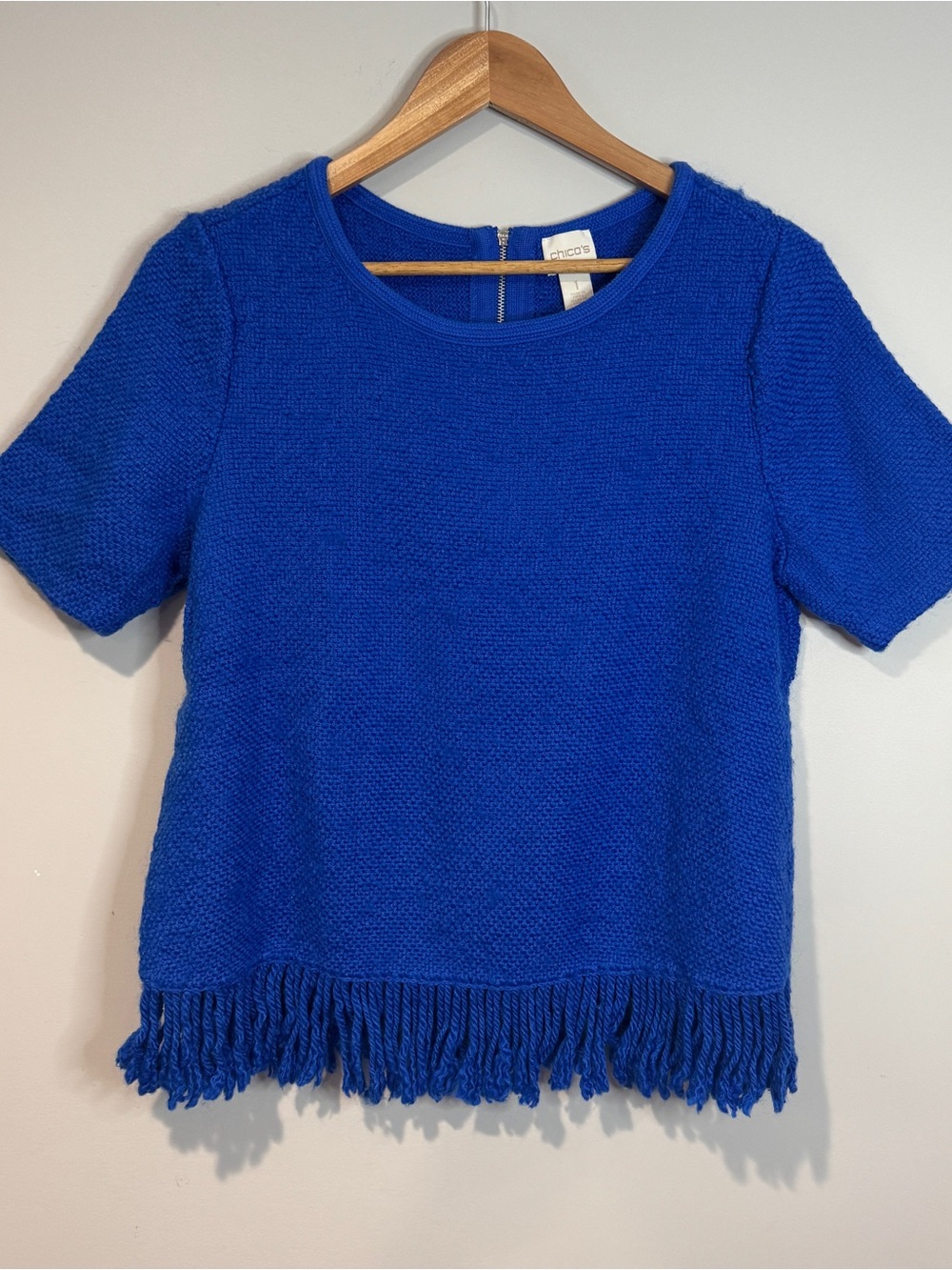 Chico's Cobalt Blue Wool Blend Short Sleeve Fringe Hem Textured Sweater Size M/1
